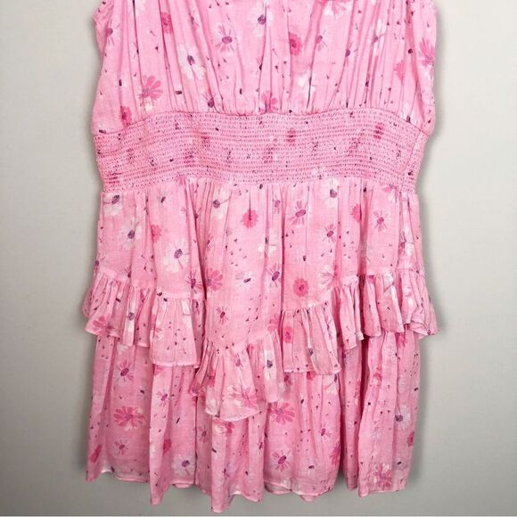 LOVESHACKFANCY | Norelli Smocked Ruffle Floral Pink Mini Dress Women’s Size L - Picture 7 of 12